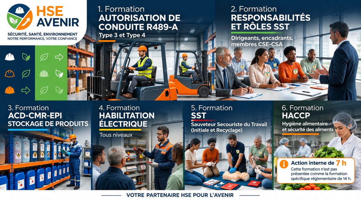 Les formations HSE Avenir : autorisation de conduite R489 type 3 et 4, responsabilités et rôles SST pour dirigeants et CSE, risque chimique ACD-CMR-EPI et stockage de produits, habilitation électrique tous niveaux, sauveteur secouriste du travail SST initiale et recyclage, HACCP hygiène alimentaire